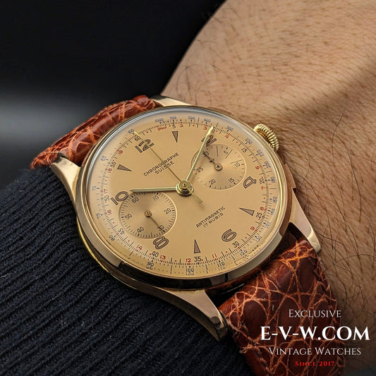 79 Years Old Vintage CHRONGRAPHE SUISSE Antymagnetic 18K Rose Gold / Cal. Landeron / Vintage 1945