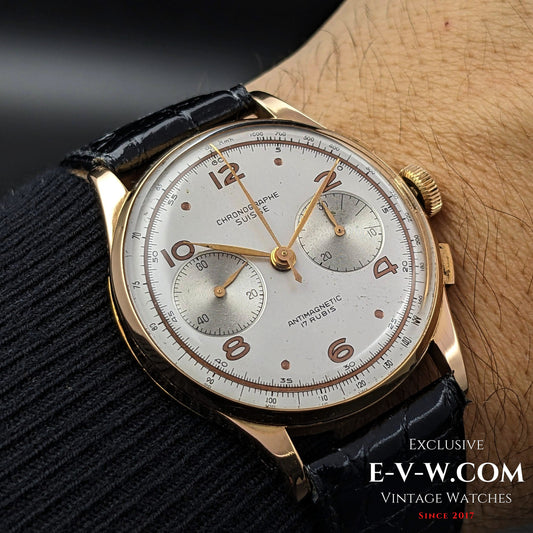 78 Jahre alte Vintage-Uhr CHRONGRAPHE SUISSE, 18 Karat Roségold / Kal. Landeron 51 / Jahrgang 1945