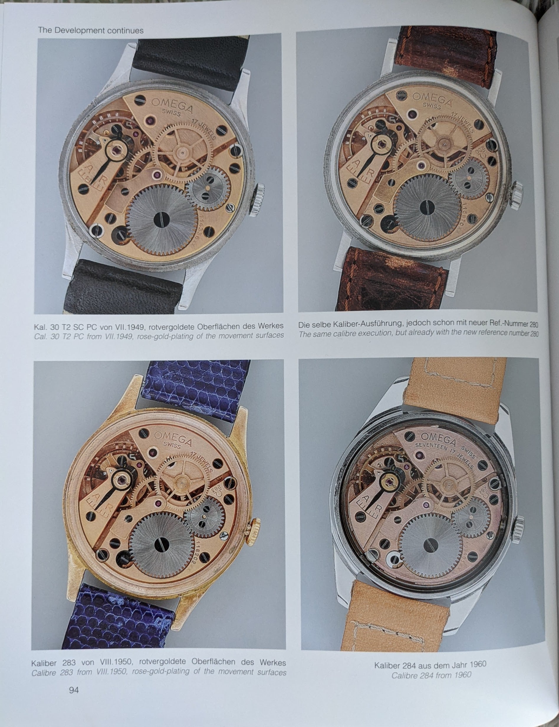 Reference page showing Omega Cal. 30T2 SCPC and other vintage movements, useful for identifying 1944 Vintage Omega WWII Gold Watch internals.