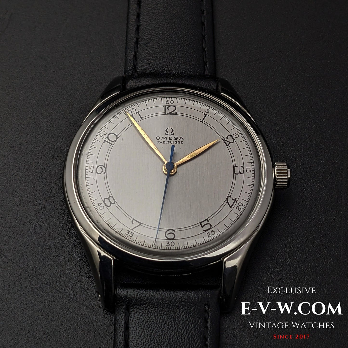 Front view of the Omega Sector Jumbo 38mm wristwatch, showcasing its classic sector dial and gold-tone hands.