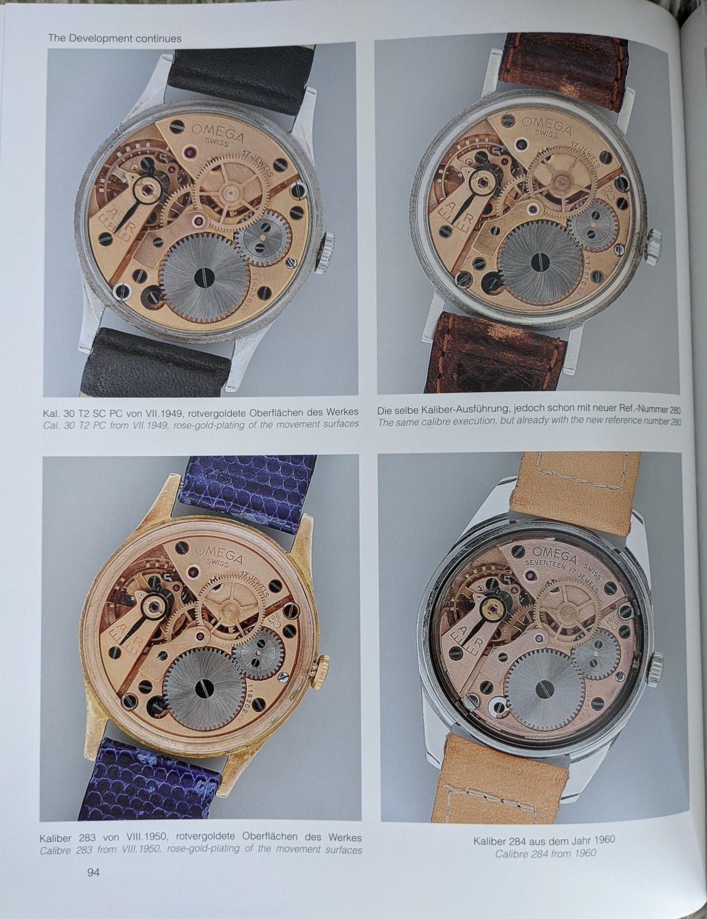 Reference book page featuring Omega Cal. 30T2 SC PC and other vintage Omega movements from the late 1940s and 1950s.