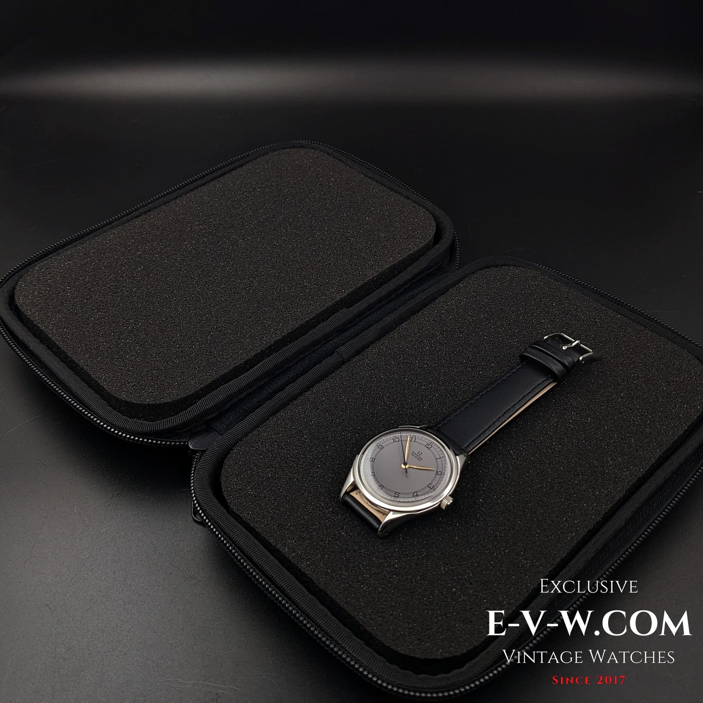 Vintage Omega Sector Jumbo wristwatch placed inside a protective black travel case, ensuring secure storage.