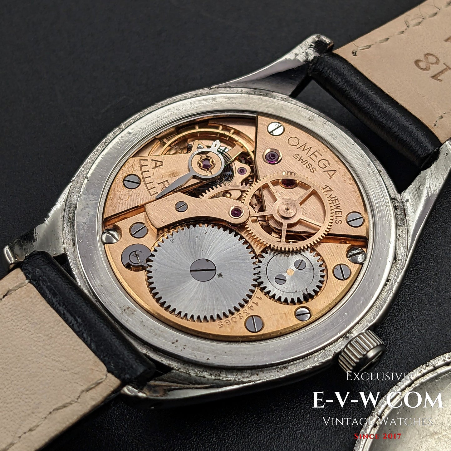 Omega Cal. 30T2 SC PC movement inside the vintage 1947 Omega Sector Jumbo wristwatch, displaying intricate Swiss craftsmanship.