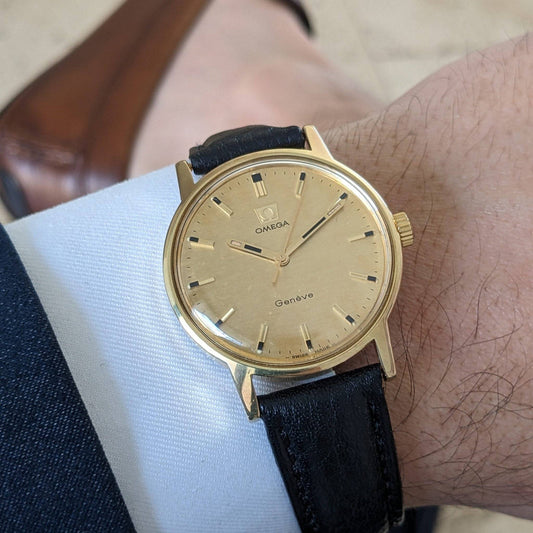56 Years Old Omega Genève Gold Plated with Rare Bark-Textured Dial / Ref 135.070 / Vintage 1970 Watch with Cal 601 / Serviced