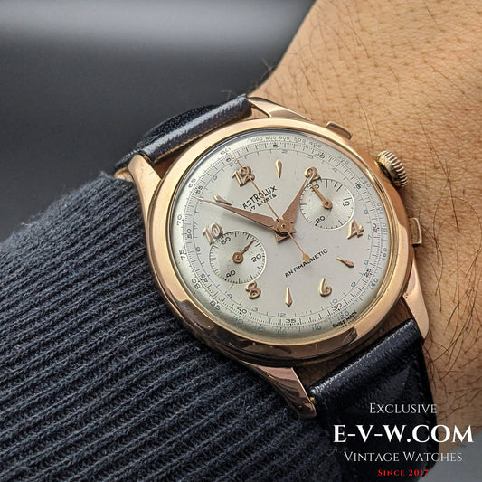Unique Astrolux Antimagnetic Chronograph 18K 750 Gold / Jumbo 38mm / Rare Valjoux 92