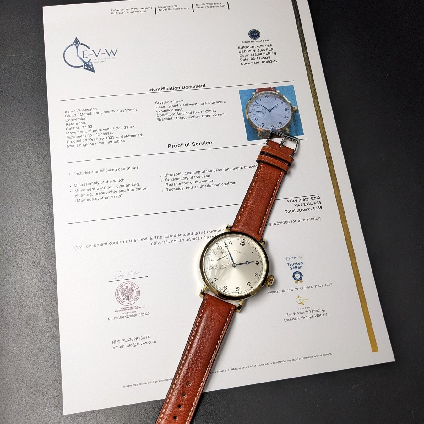 62 jaar oude vintage Longines Jumbo / Zakhorloge uurwerk / Kal. 37.93 / Vintage 1964