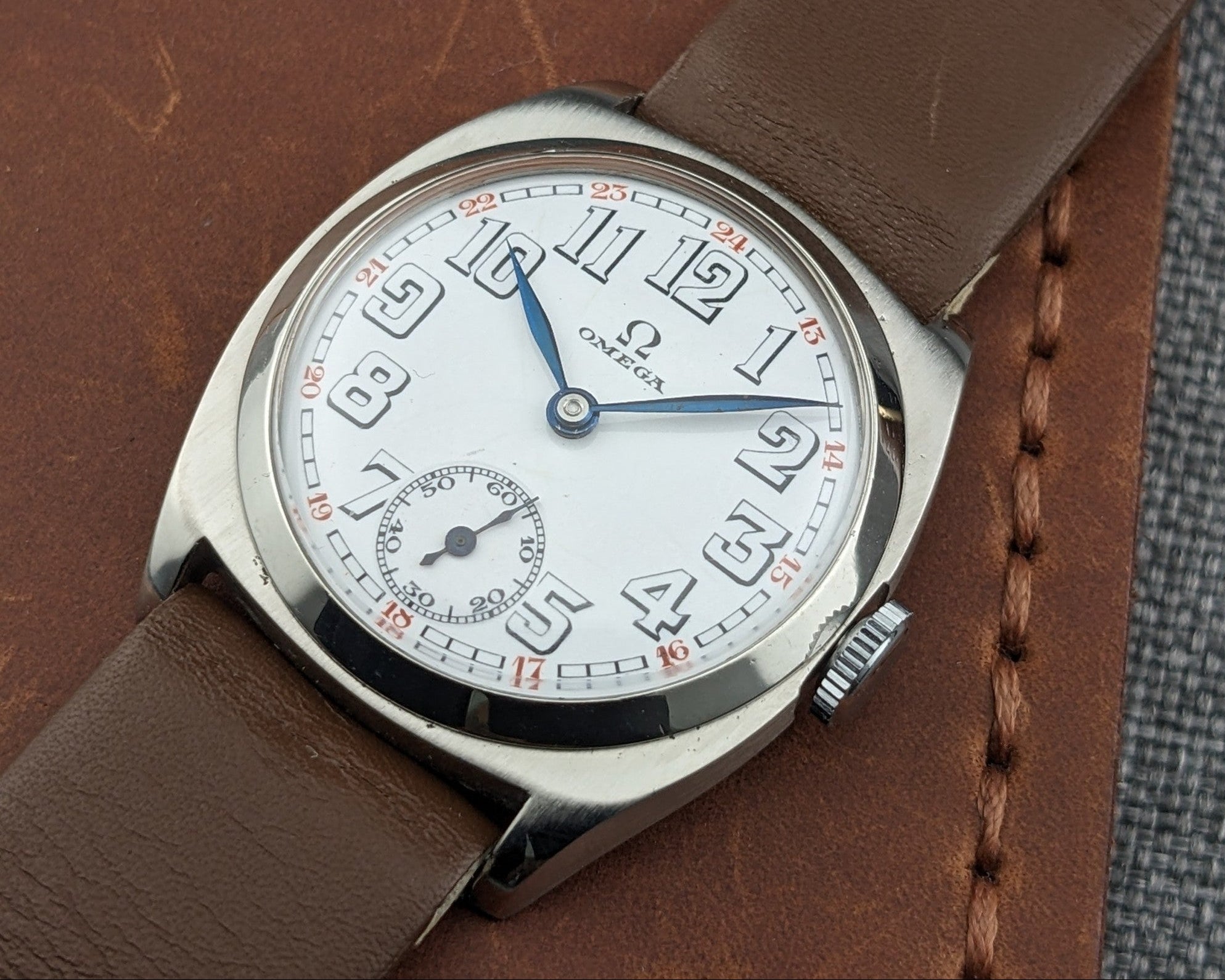 Omega watch lying on a brown leather wallet, with a white numbered dial, blue hands, small seconds register, and brown strap visible.