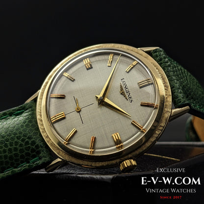 66 Years Old Vintage 1958 Longines 14k Gold / Art Deco Textured Bezel / Brushed Dial / Cal. 32Z