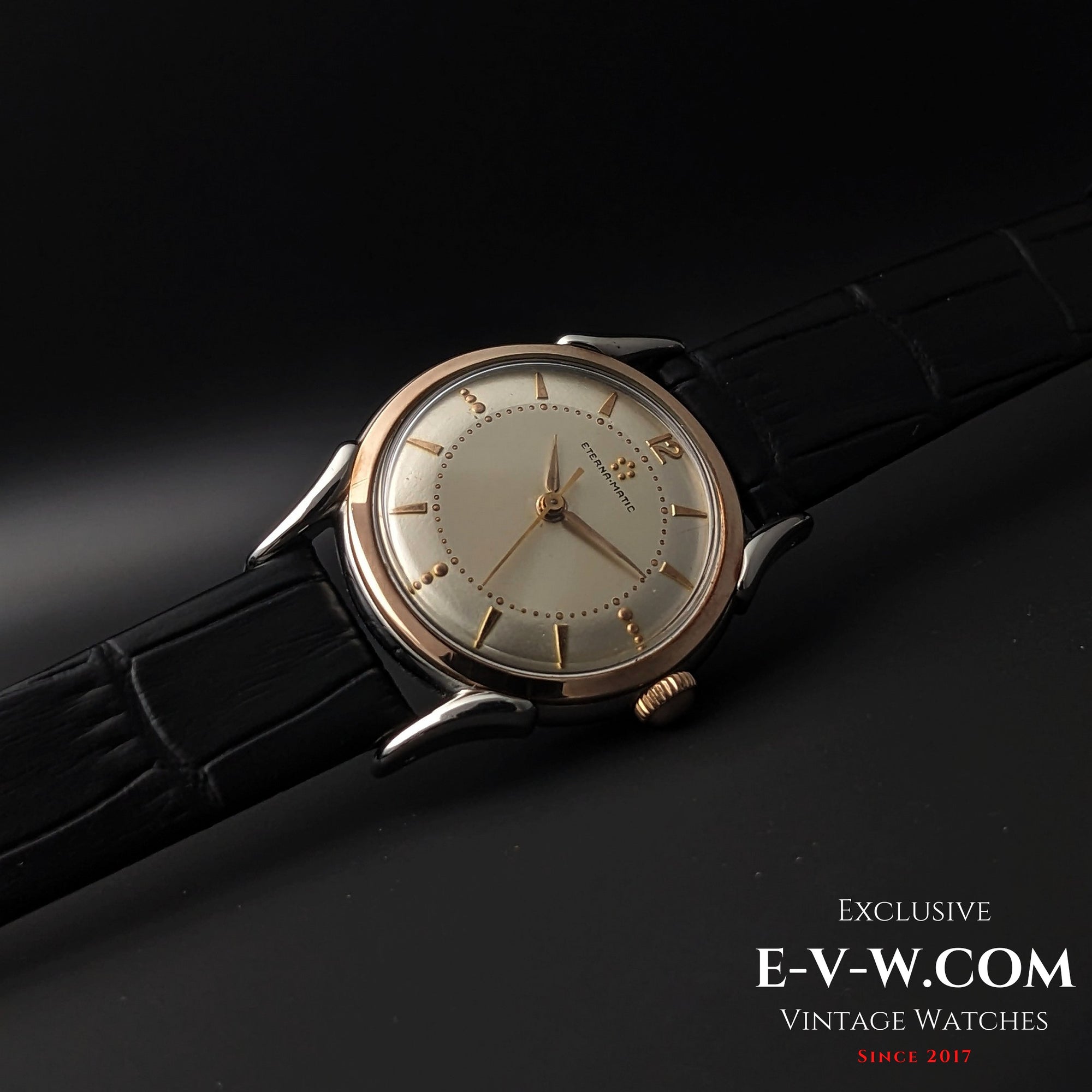 Eterna-Matic, frühes Modell mit fünf Kugeln und Automatikwerk | Zweifarbiges Gehäuse, aufwendig gestaltete Bandanstöße | Kal. 1248T | Baujahr 1950