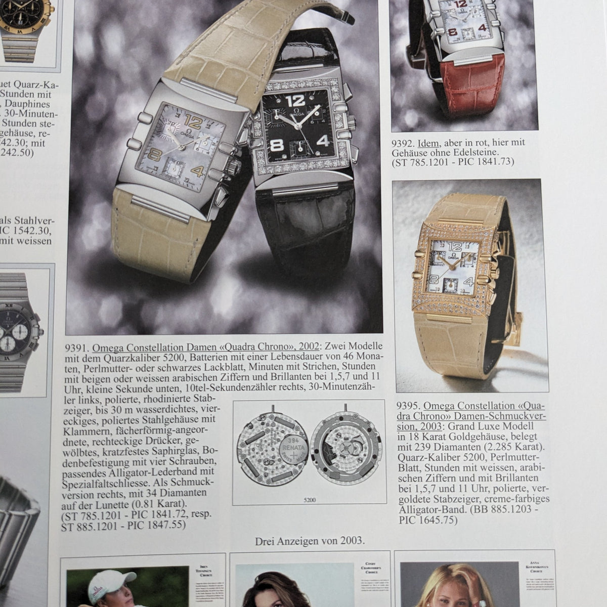 Catalog spread showing Omega Constellation Quadra references, including a red-strap example labeled 1841.73, alongside other models.