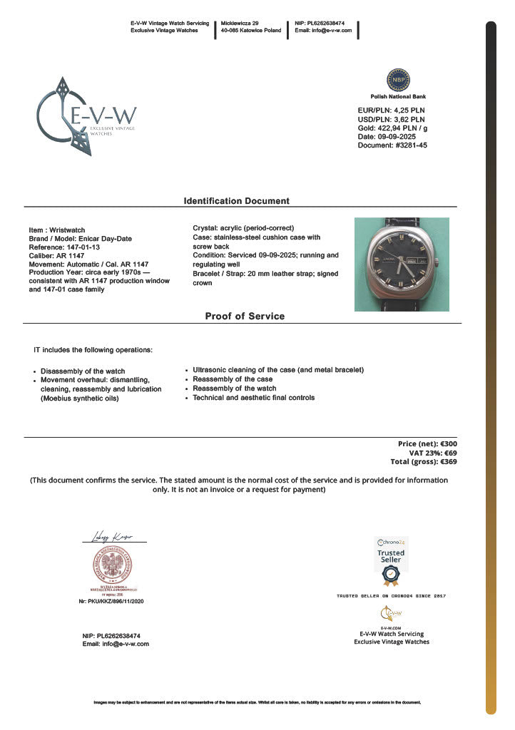 Enicar Day-Date | مرجع 147-01-13 | عيار AR 1147 | عتيق 1970 | خضع للصيانة