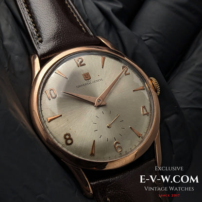 80 Years Old Vintage Universal GENEVE WWII JUMBO 38MM / Pink Gold Platted /  Cal.1200 / Vintage 1945