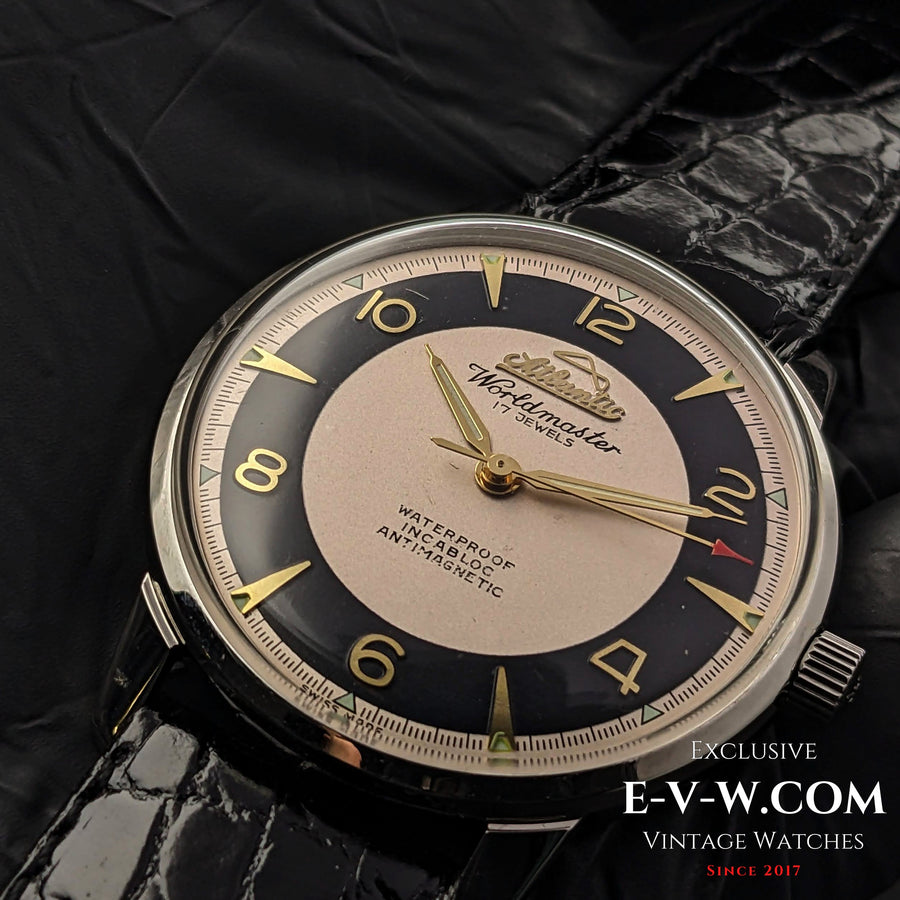 Montre Atlantic Worldmaster Jumbo vintage de 50 ans, cadran bicolore « œil-de-bœuf », calibre 1100, années 1970