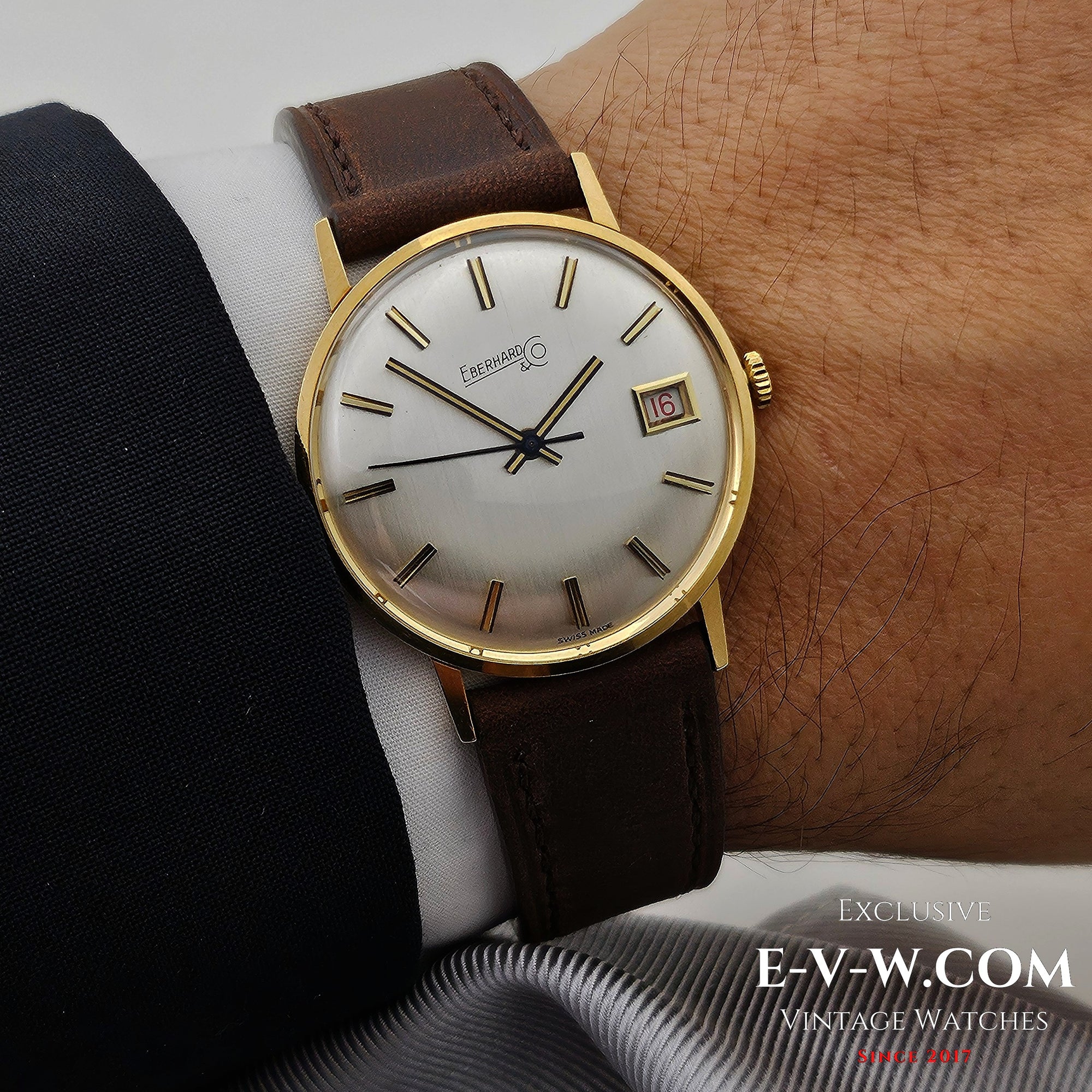 Eberhard &amp; Co. Armbanduhr aus 18-karätigem Gold aus den 1960er Jahren | Seltene Roulette-Datumsanzeige | Kal. 236-129 |