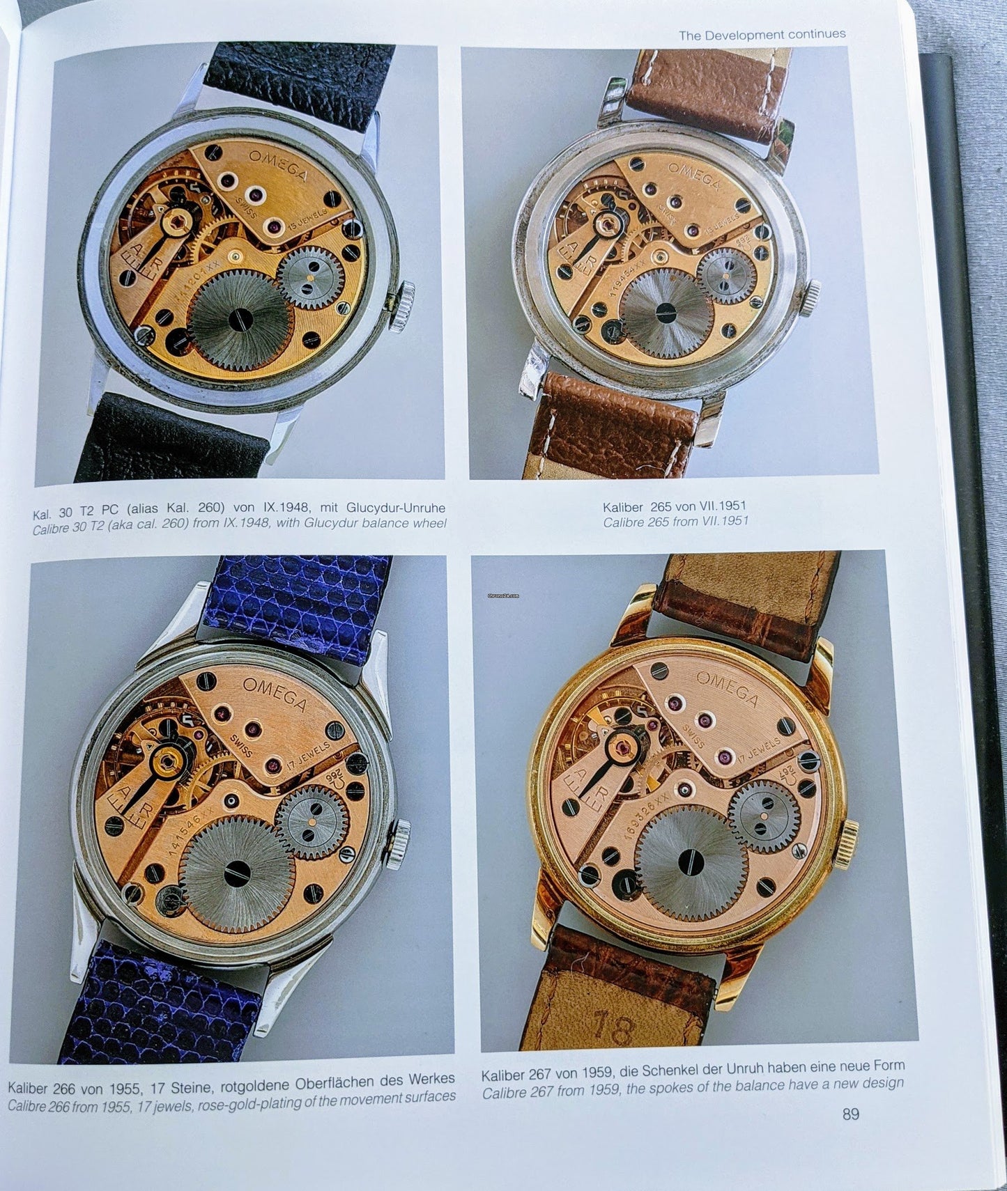 Reference book page displaying various Omega vintage watch movements, including the Cal. 267. A historical insight into Omega's watchmaking legacy.