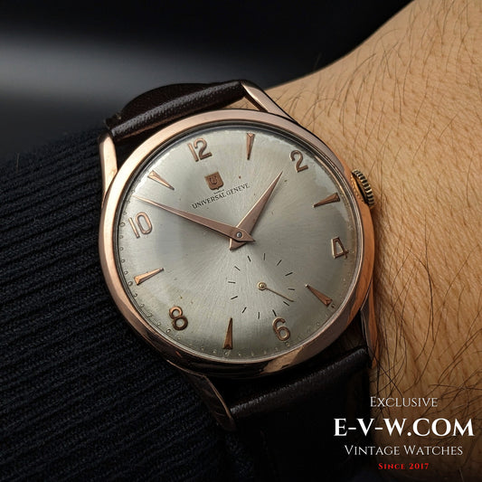 80 Years Old Vintage Universal GENEVE WWII JUMBO 38MM / Pink Gold Platted / Cal.1200 / Vintage 1945