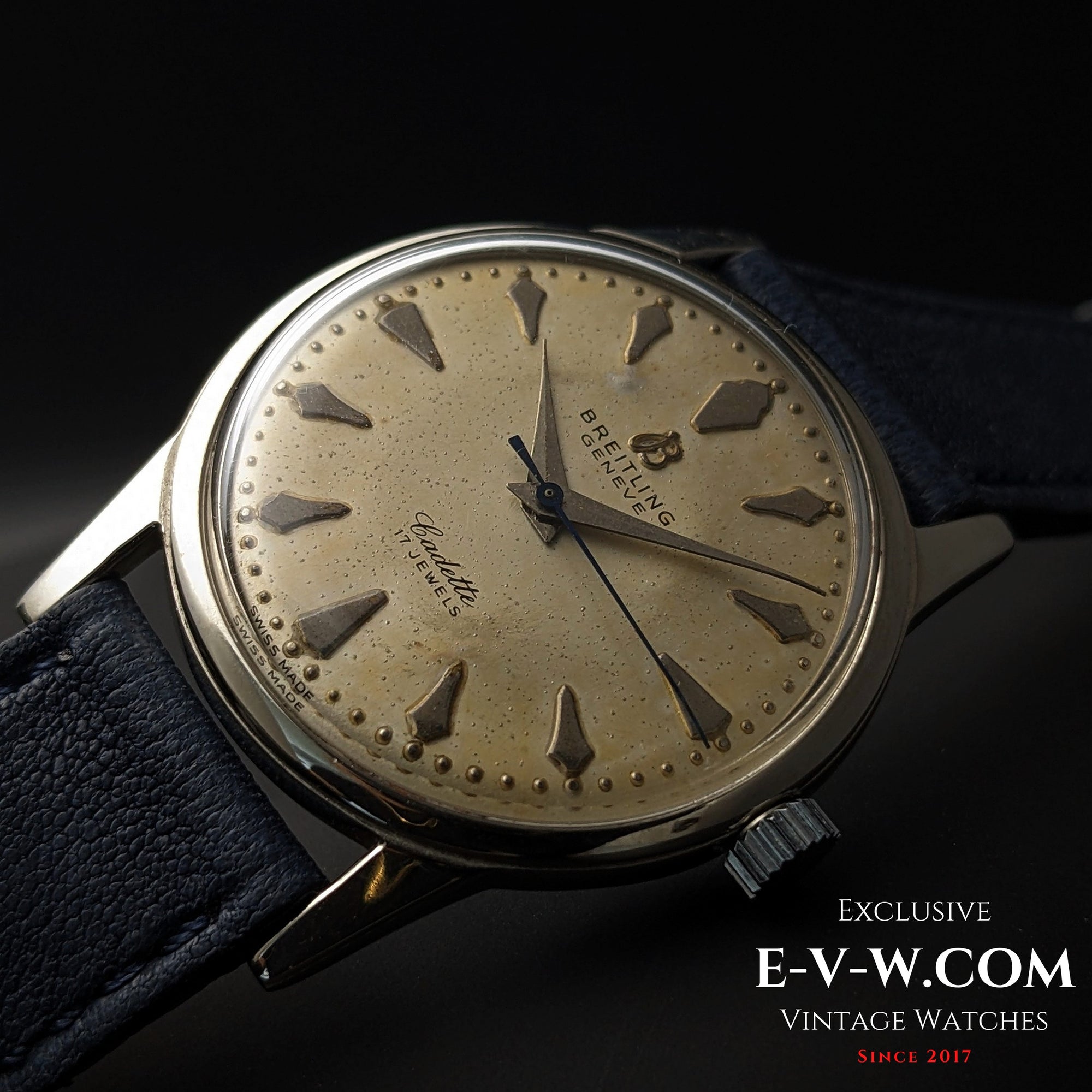 Angled view of Vintage Breitling Geneve Cadette Watch 1960s with domed crystal and aged cream dial, ideal for vintage watch enthusiasts.