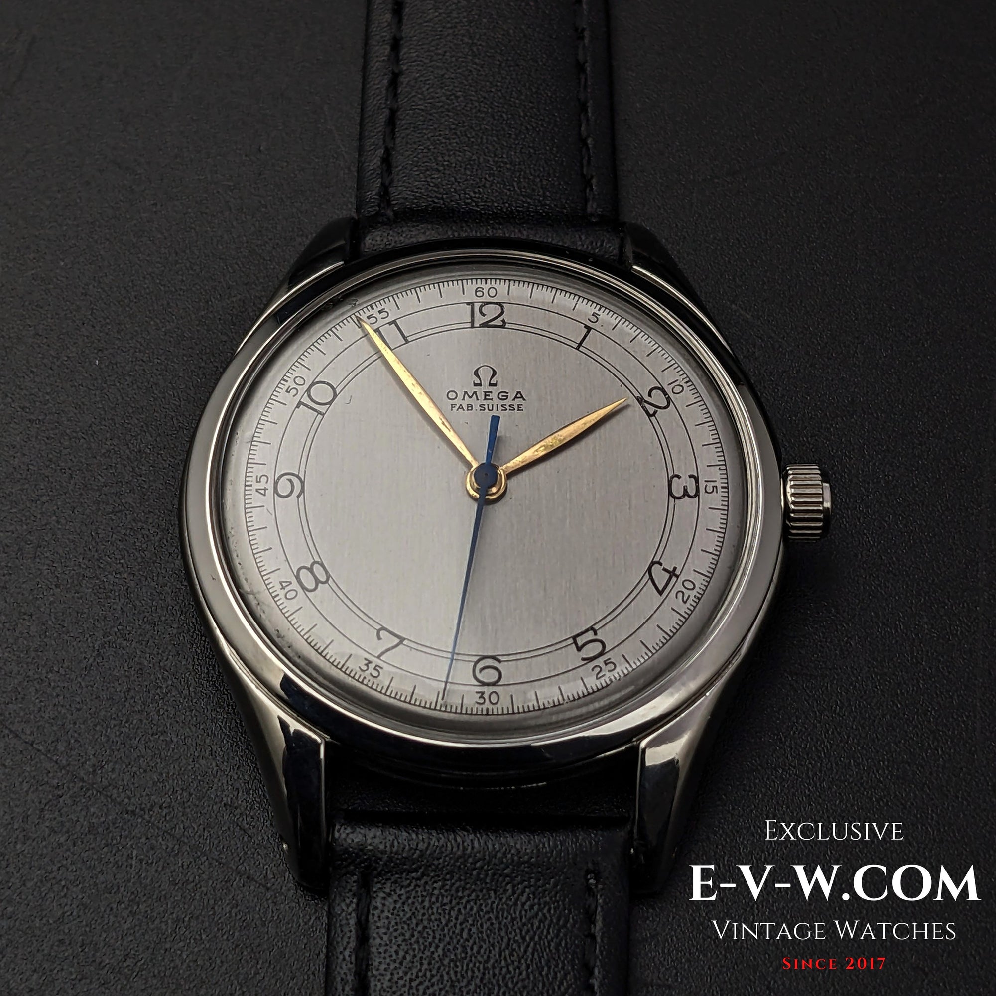 Front view of the Omega Sector Jumbo 38mm wristwatch, showcasing its classic sector dial and gold-tone hands.