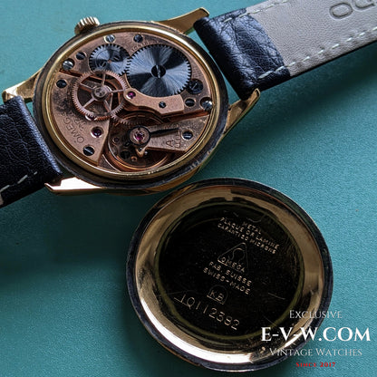 Open case back of Vintage Omega WWII Gold Watch 1944 revealing Cal. 30T2 SCPC movement and inner case markings for authenticity.