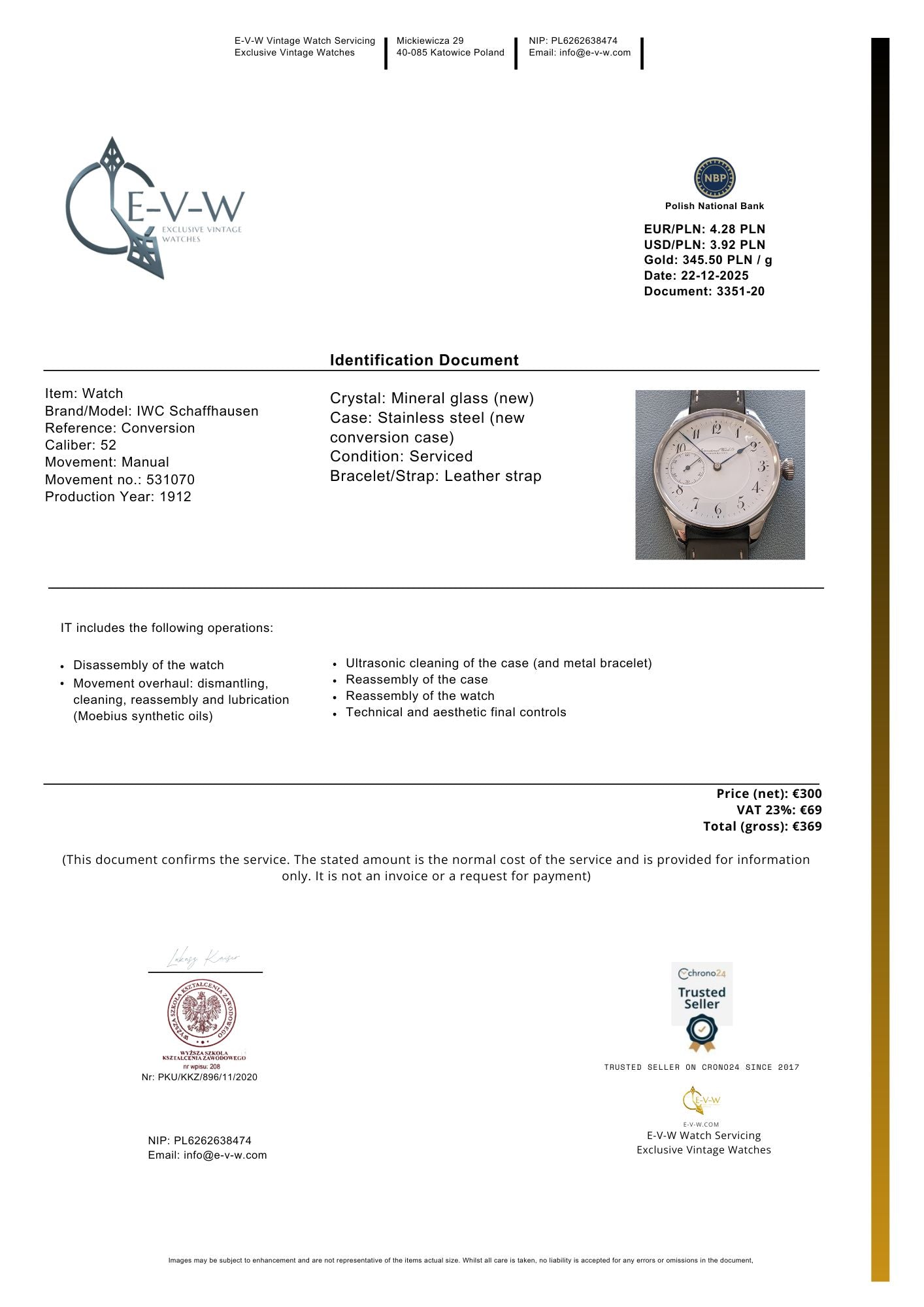 IWC Schaffhausen | Hochzeitsuhr von 1912 | Kaliber 52, Vintage-Umbau | Überholt 