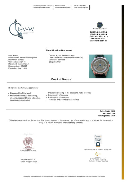 Kelbert Chronograph 18ct Rose Gold 1940s Watch / Serviced