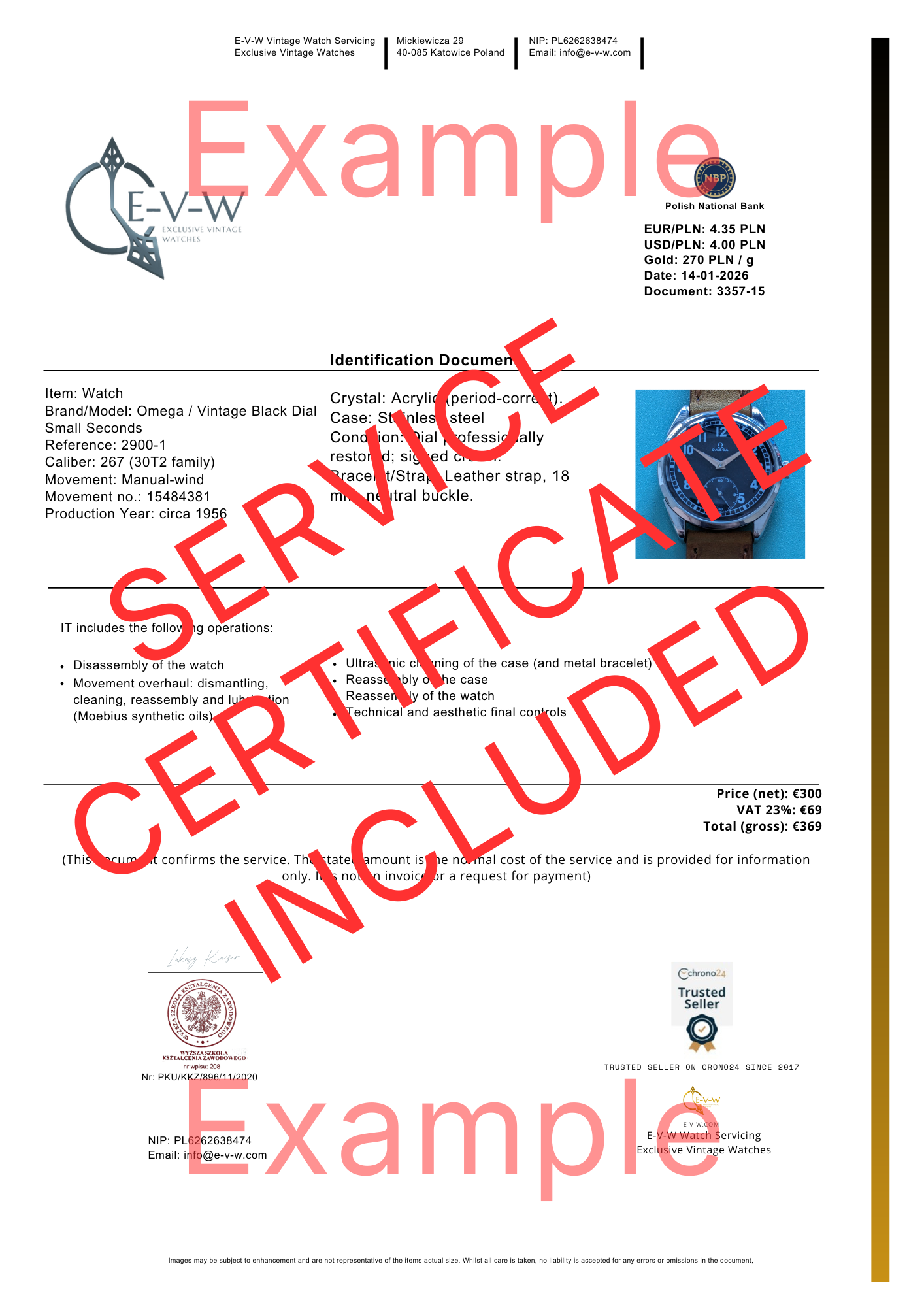 Example of included EVW service certificate