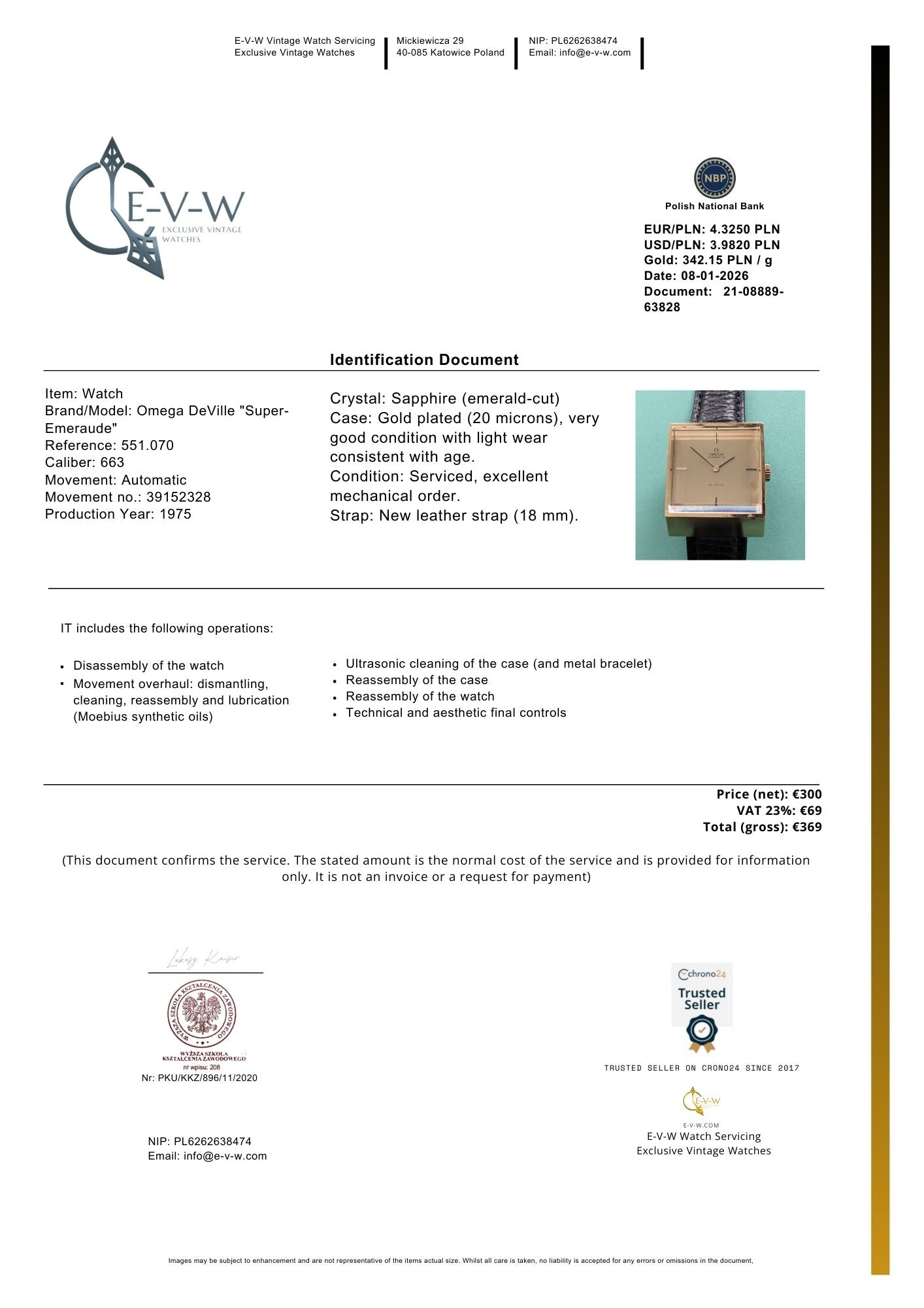 Rare Omega DeVille Super-Emeraude 1975 Automatic Watch / Gold Plated / Serviced