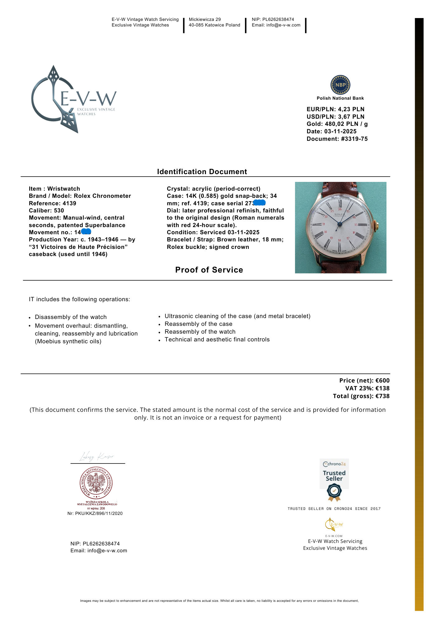 Identification document for aRolex watch with a photo of the watch on a white background
