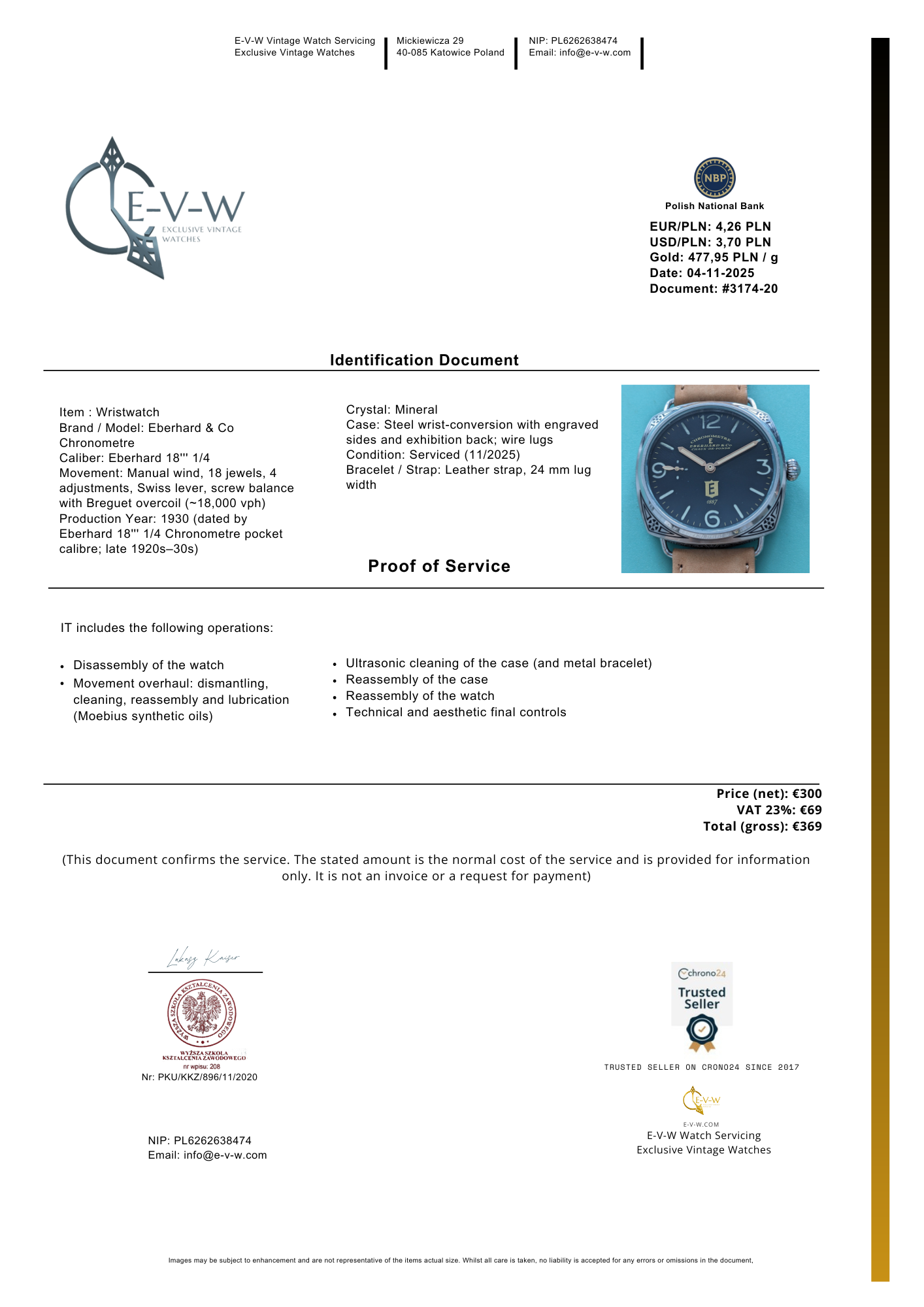 Antique 1920s  Eberhard & Co conversion with 18-jewel pocket watch movement and exhibition back