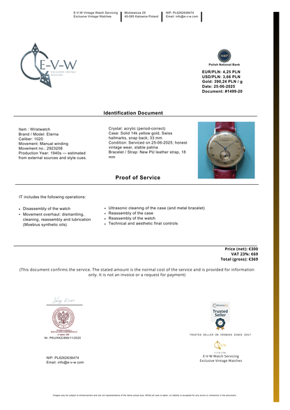 84 Years Old Vintage Eterna 14ct Gold / WWII / Cal. 1020 / Vintage 1941 / Serviced