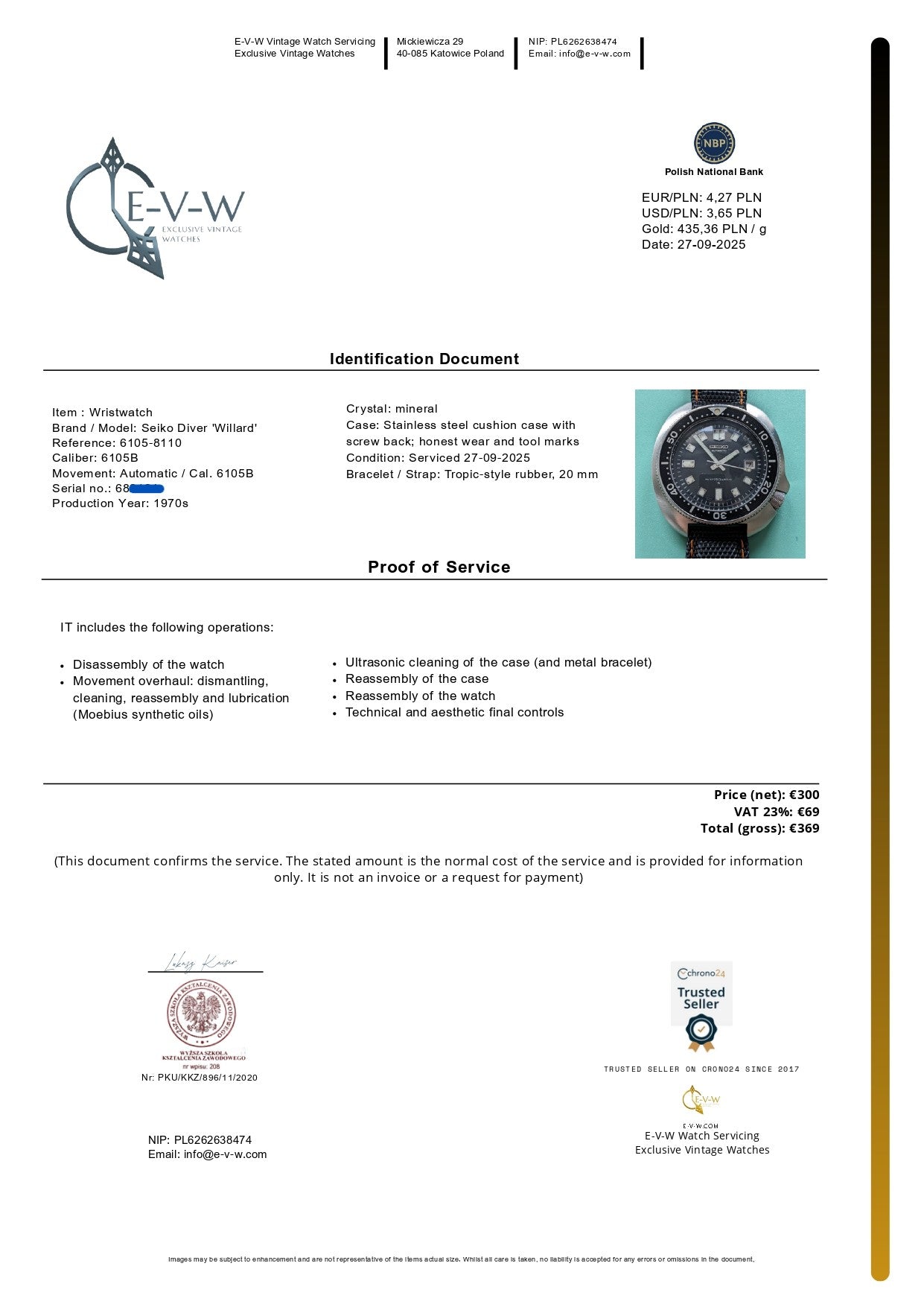 ساعة عتيقة عمرها 55 سنة SEIKO Diver Capitan Willard أوتوماتيكية، مرجع 6105-8110 / العيار 6105B / عتيقة من سبعينات القرن الماضي / تم صيانتها