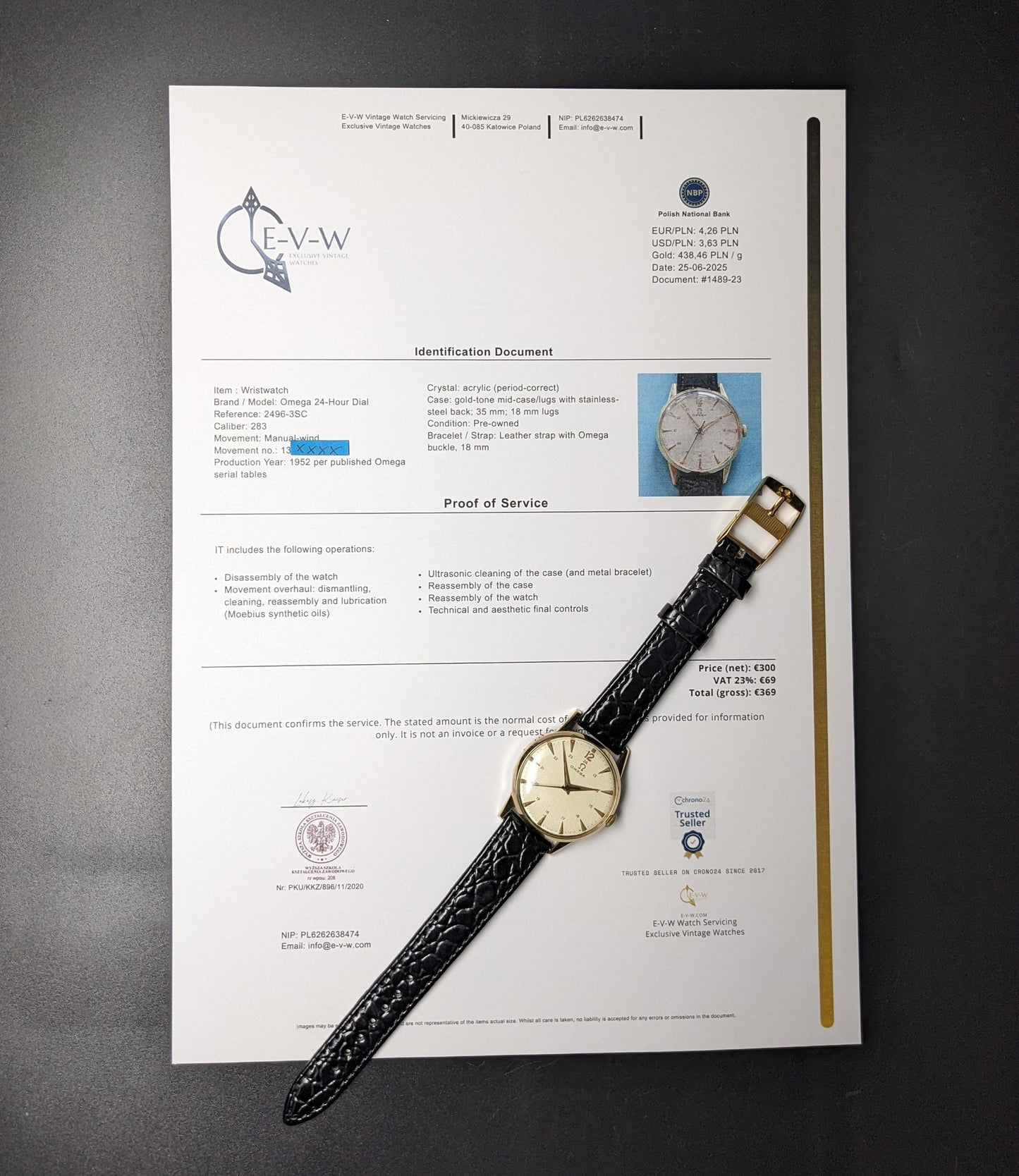 73 Years Old Vintage Omega Rare 24 HR Dial /Ref. 2496-3SC / Cal. 283 (30T2) / Vintage 1952/ Serviced