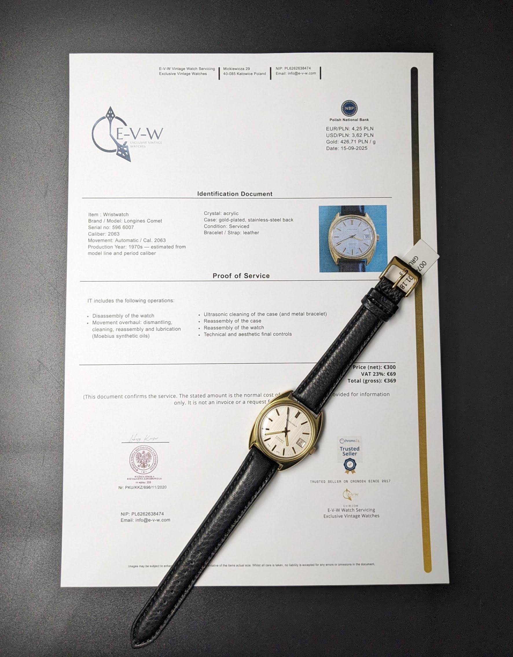 55 Years Old Vintage Longines COMET Automatic / Gold plated / Cal. 2063 / Vintage 1970s/ Serviced