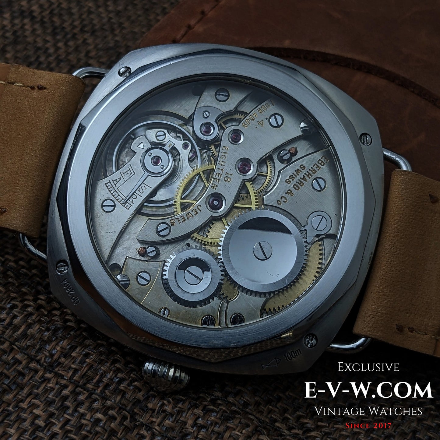 Antique 1920s  Eberhard & Co conversion with 18-jewel pocket watch movement and exhibition back