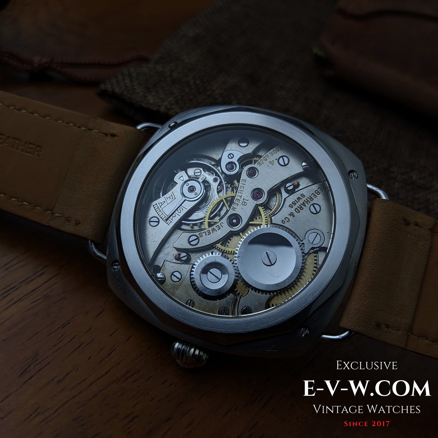 Antique 1920s  Eberhard & Co conversion with 18-jewel pocket watch movement and exhibition back