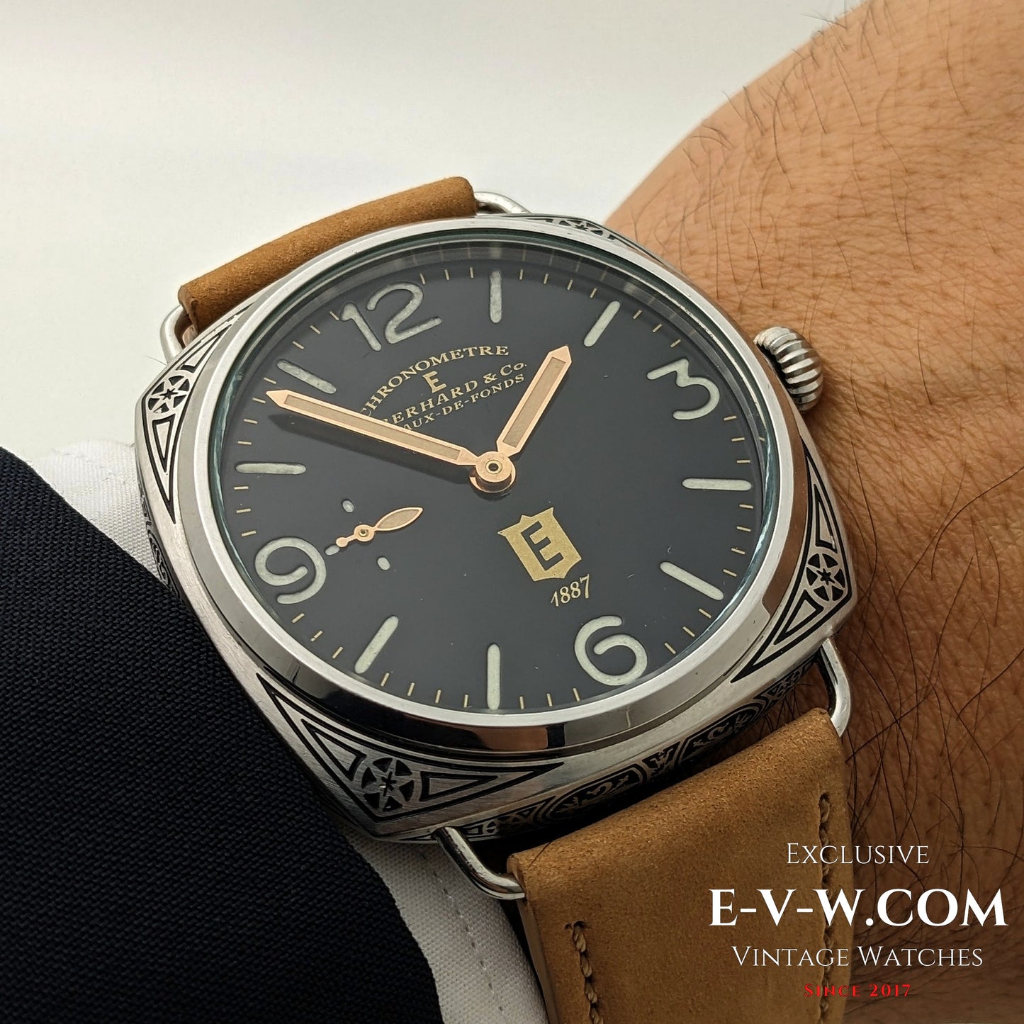 Antique 1920s  Eberhard & Co conversion with 18-jewel pocket watch movement and exhibition back