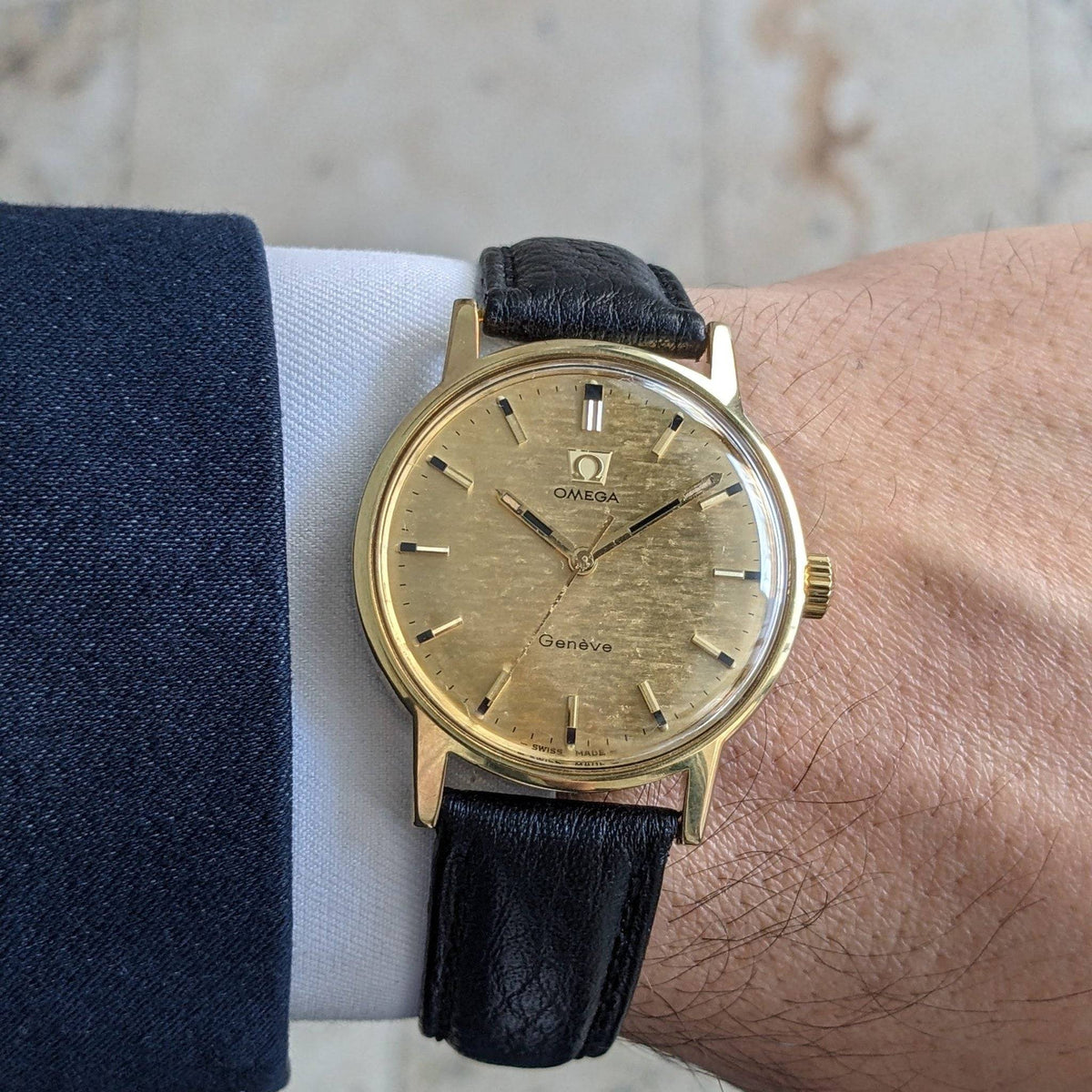 56 Years Old Omega Genève Gold Plated with Rare Bark-Textured Dial / Ref 135.070 / Vintage 1970 Watch with Cal 601 / Serviced