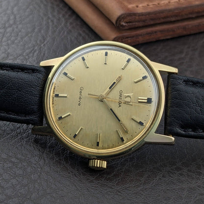 Omega Genève de 56 años chapado en oro con esfera rara con textura de corteza / Ref 135.070 / Reloj Vintage de 1970 con Cal 601 / Revisado
