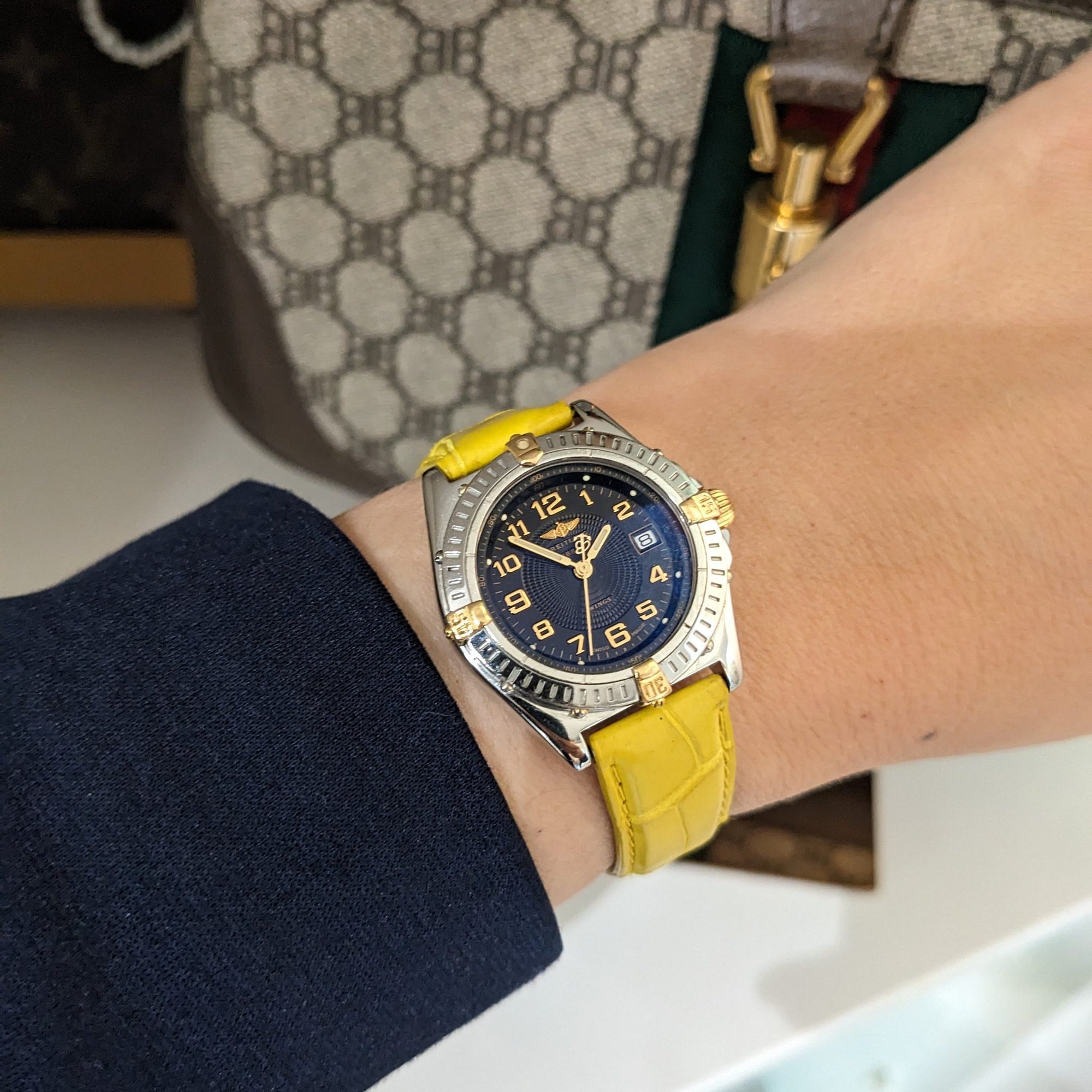 Breitling Wings Stainless Steel Gold Dark Blue Dial Quartz Ladies Watch B67050 vintage watch