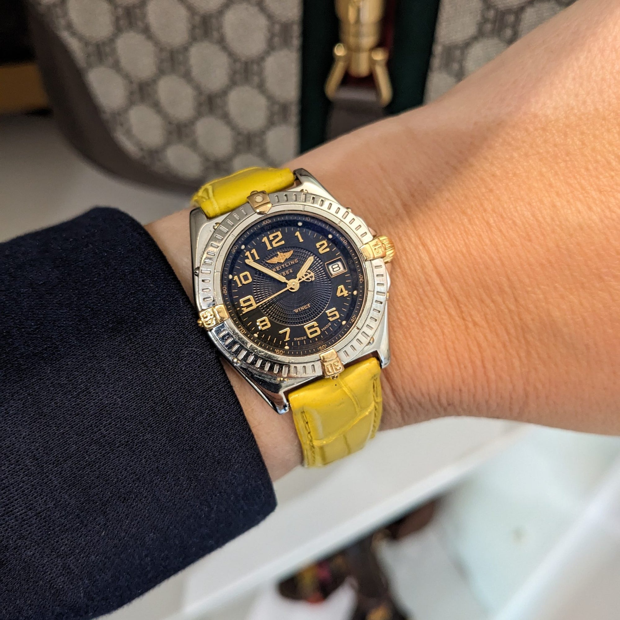 Breitling Wings Stainless Steel Gold Dark Blue Dial Quartz Ladies Watch B67050 vintage watch
