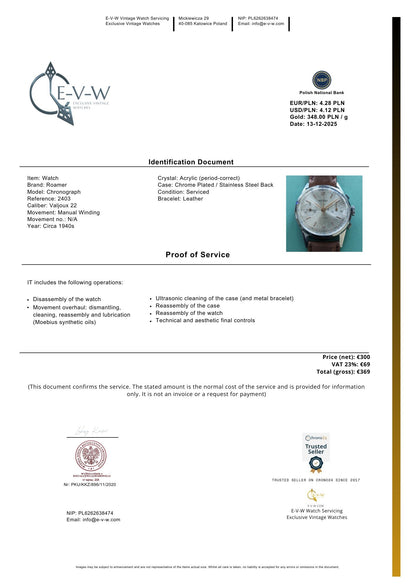 1940s Roamer Chronograph Jumbo | Ref. 2403 | Valjoux 22 | Serviced