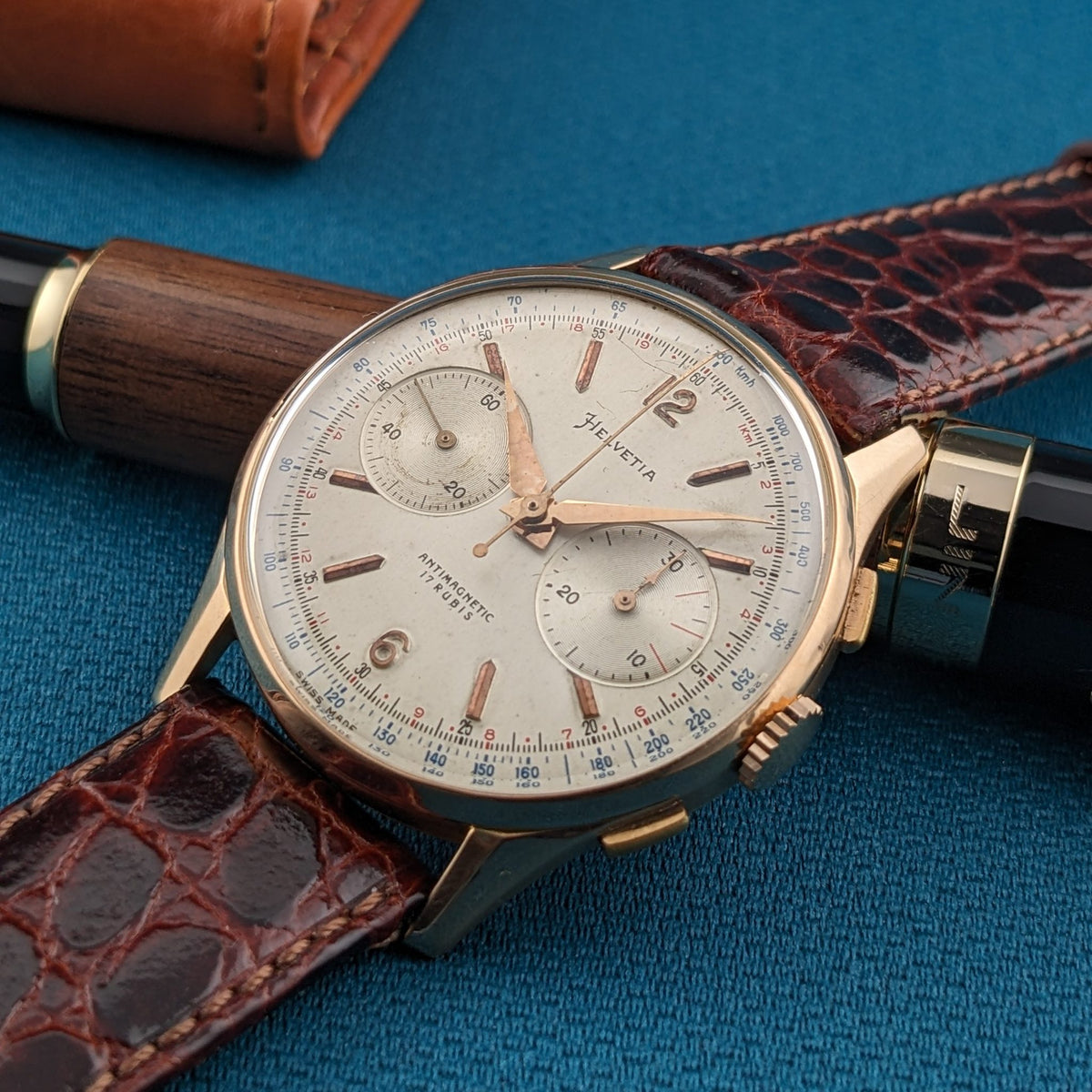 Circa 70 Years Old Helvetia 18ct Gold Chronograph / Vintage 1950s Watch / Cal Landeron 51 Movement / Serviced vintage watch