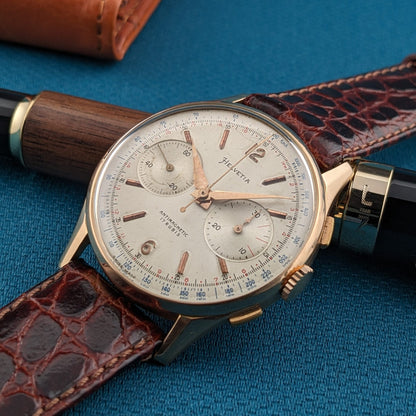 Circa 70 Years Old Helvetia 18ct Gold Chronograph / Vintage 1950s Watch / Cal Landeron 51 Movement / Serviced vintage watch