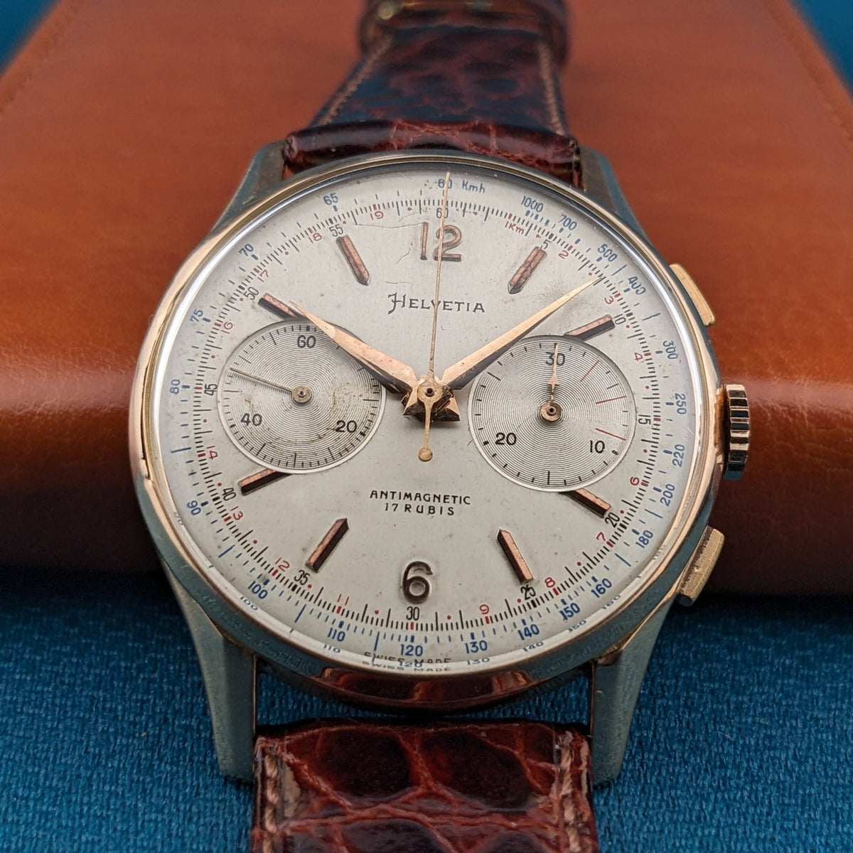 Circa 70 Years Old Helvetia 18ct Gold Chronograph / Vintage 1950s Watch / Cal Landeron 51 Movement / Serviced vintage watch