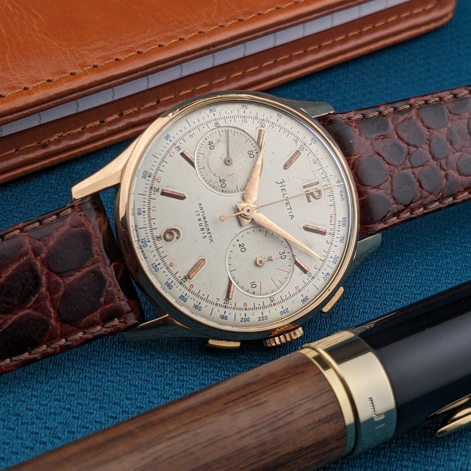 Circa 70 Years Old Helvetia 18ct Gold Chronograph / Vintage 1950s Watch / Cal Landeron 51 Movement / Serviced vintage watch