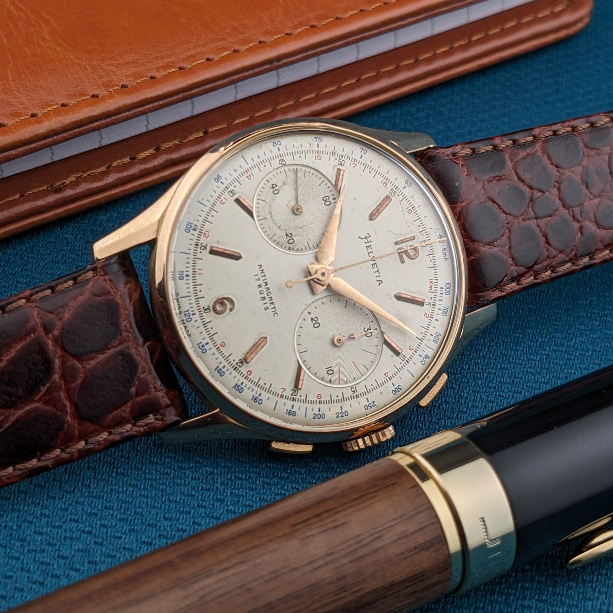 Circa 70 Years Old Helvetia 18ct Gold Chronograph / Vintage 1950s Watch / Cal Landeron 51 Movement / Serviced vintage watch