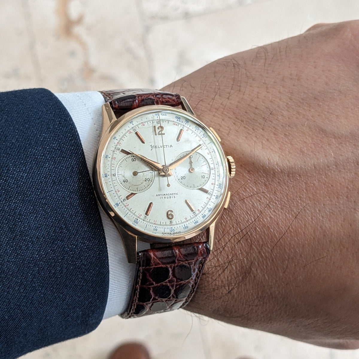 Circa 70 Years Old Helvetia 18ct Gold Chronograph / Vintage 1950s Watch / Cal Landeron 51 Movement / Serviced vintage watch