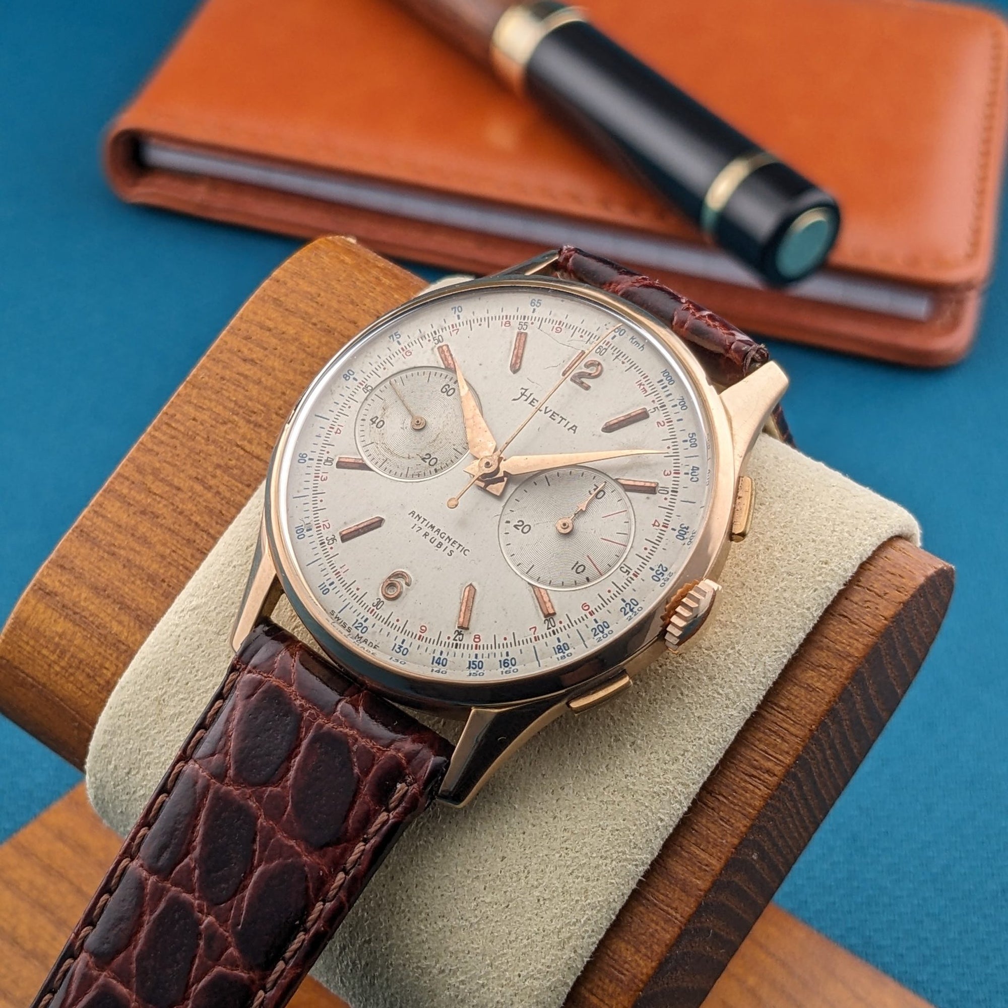 Circa 70 Years Old Helvetia 18ct Gold Chronograph / Vintage 1950s Watch / Cal Landeron 51 Movement / Serviced vintage watch