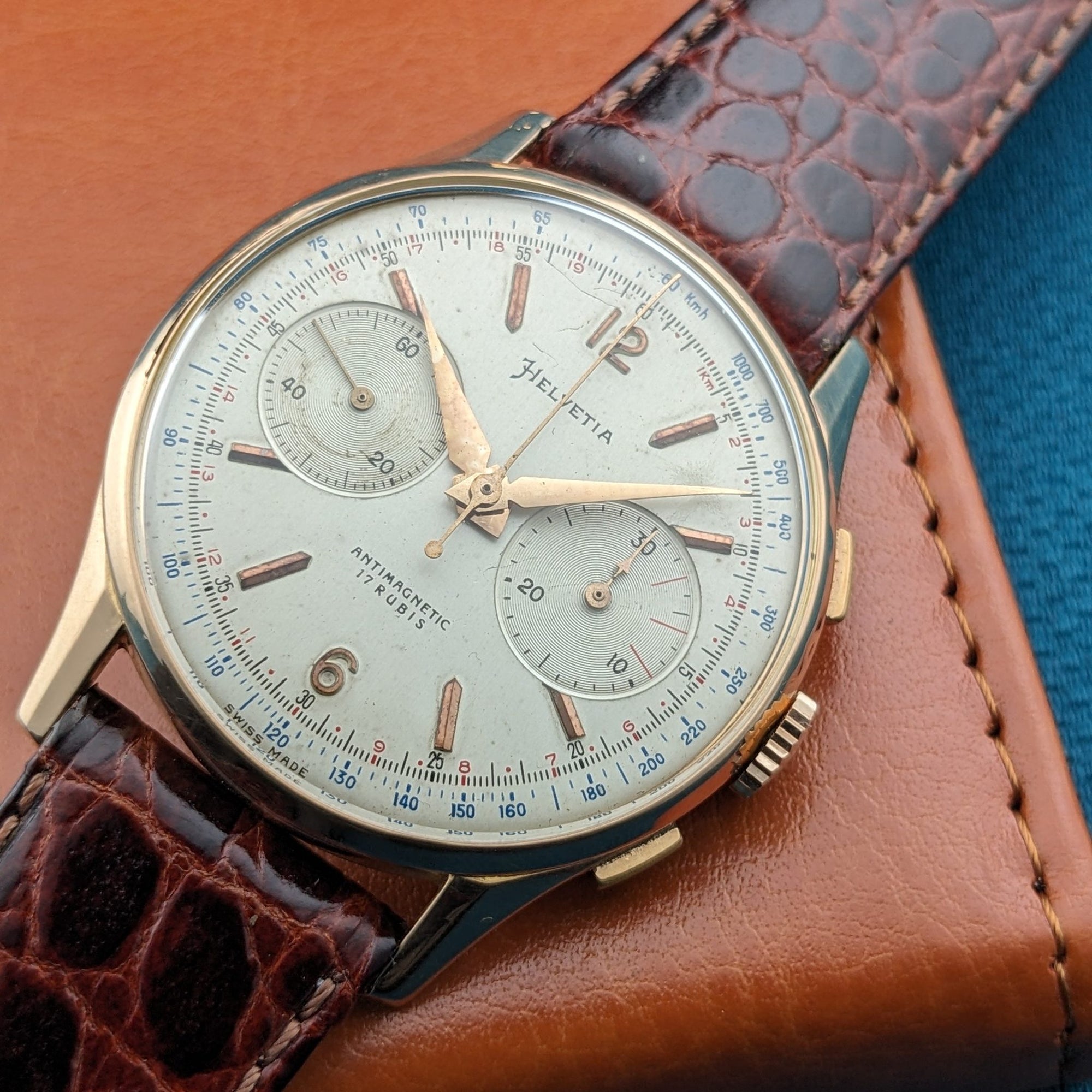Circa 70 Years Old Helvetia 18ct Gold Chronograph / Vintage 1950s Watch / Cal Landeron 51 Movement / Serviced vintage watch