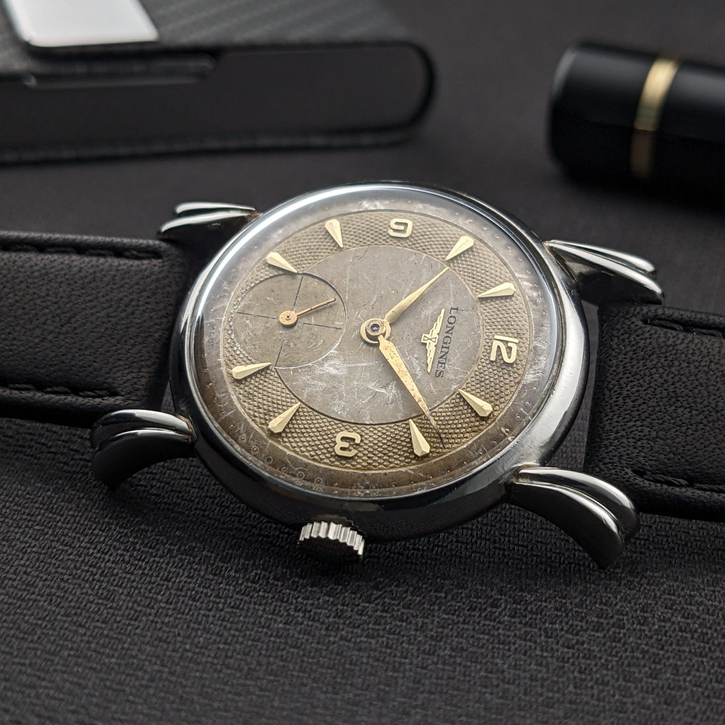 Circa 75 Years Old Post War Longines rare flame-style lugs / Ref 23676 / Vintage 1949 Watch / Cal 27 M Movement / Serviced dial